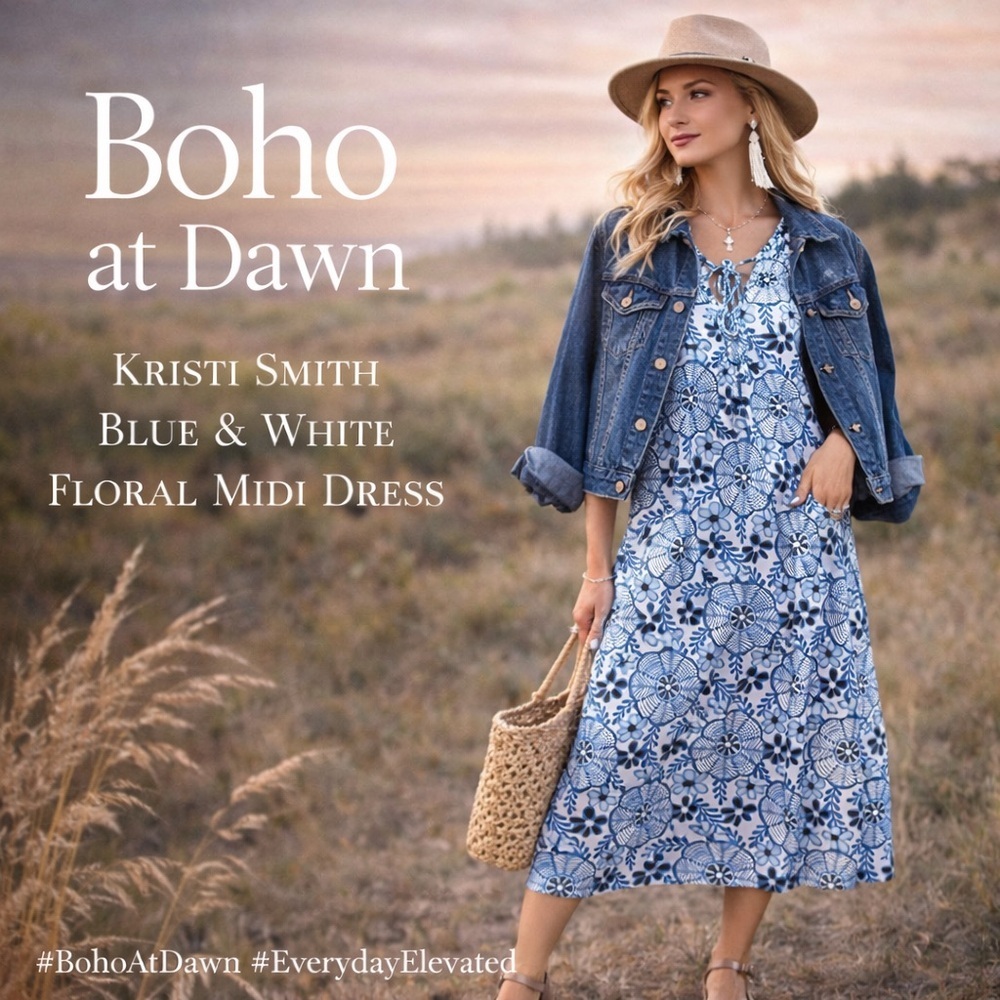 Kristi Smith Blue & White Floral Racerback Midi Dress | Size M